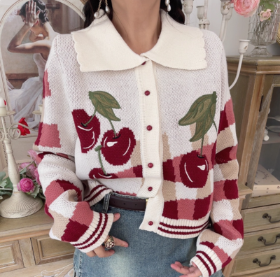 Vintage Embroidered Cherry POLO Collar Button Cardigan Cropped Sweater Knitwear
