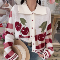 Vintage Embroidered Cherry POLO Collar Button Cardigan Cropped Sweater Knitwear - Thumbnail 3