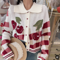 Vintage Embroidered Cherry POLO Collar Button Cardigan Cropped Sweater Knitwear - Thumbnail 4