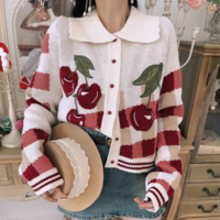 Vintage Embroidered Cherry POLO Collar Button Cardigan Cropped Sweater Knitwear - Thumbnail 5