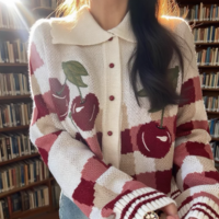 Vintage Embroidered Cherry POLO Collar Button Cardigan Cropped Sweater Knitwear - Thumbnail 6