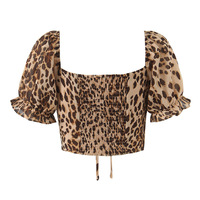 Sexy leopard print tie bow sexy two-wear puff sleeve shirt - Thumbnail 1