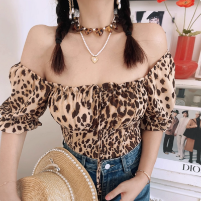 Sexy leopard print tie bow sexy two-wear puff sleeve shirt - Thumbnail 2