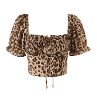 Sexy leopard print tie bow sexy two-wear puff sleeve shirt - Thumbnail 2