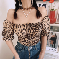 Sexy leopard print tie bow sexy two-wear puff sleeve shirt - Thumbnail 3