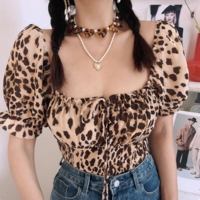 Sexy leopard print tie bow sexy two-wear puff sleeve shirt - Thumbnail 4