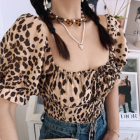Sexy leopard print tie bow sexy two-wear puff sleeve shirt - Thumbnail 5