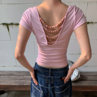 Reversible backless beaded t-shirt with short sleeves - Thumbnail 1