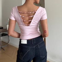 Reversible backless beaded t-shirt with short sleeves - Thumbnail 4