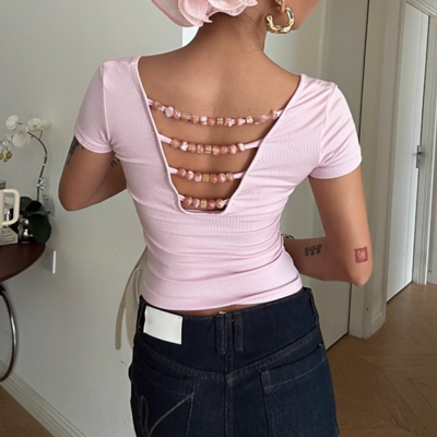 Reversible backless beaded t-shirt with short sleeves
