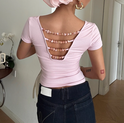 Reversible backless beaded t-shirt with short sleeves