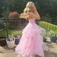 Sweetheart Pink Tulle Straps Layers Long Party Dresses - Thumbnail 1