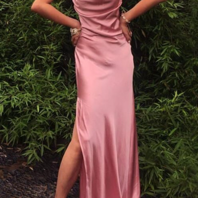 A-line pink straps soft satin long evening dresses - Thumbnail 1