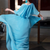 A-line Blue Chiffon Long Wedding Party Dress - Thumbnail 1
