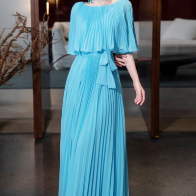 A-line blue chiffon long wedding party dress - Thumbnail 1