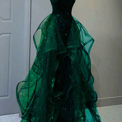 Halter a line green sequins tulle long party dress, evening dress - Thumbnail 2