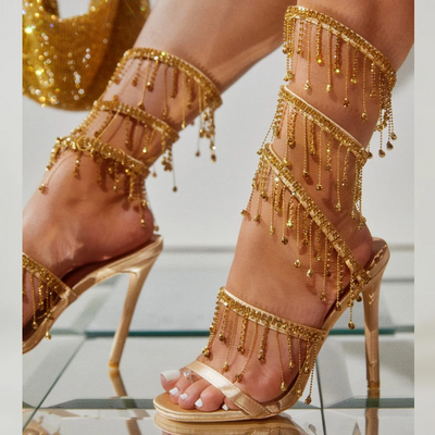 Golden Crystal Rhinestone Women's Sandals Fashion String Bead Nightclub 