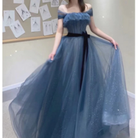Bluish Grey Off Shoulder Long Evening Dress - Thumbnail 3