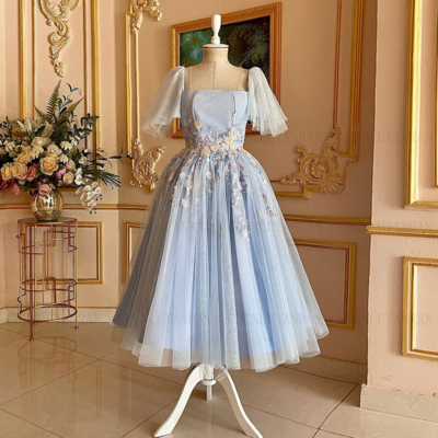 Elegant applique sky blue a-line formal occasion dress