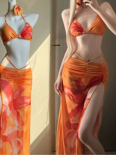 Orange Floral Print Women's Tropical Paradise 3-Piece Swimsuit Set with Sarong Coverup