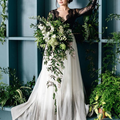 A line black and ivory chiffon wedding dresses with long sleeves