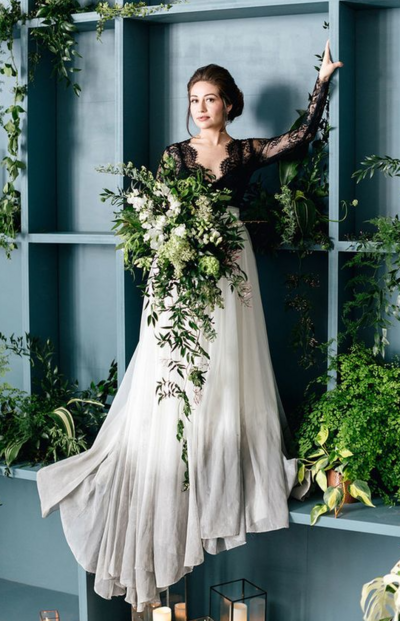 A Line Black and Ivory Chiffon Wedding Dresses With Long Sleeves