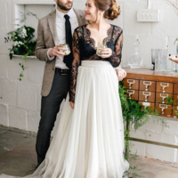 A Line Black and Ivory Chiffon Wedding Dresses With Long Sleeves - Thumbnail 1