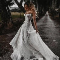 Spaghetti Straps Boho Tulle Beach Wedding Dresses  - Thumbnail 1