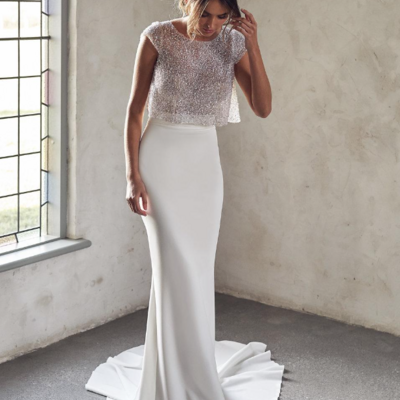 Mermaid two pieces capped sleeves wedding dresses with sequins top 