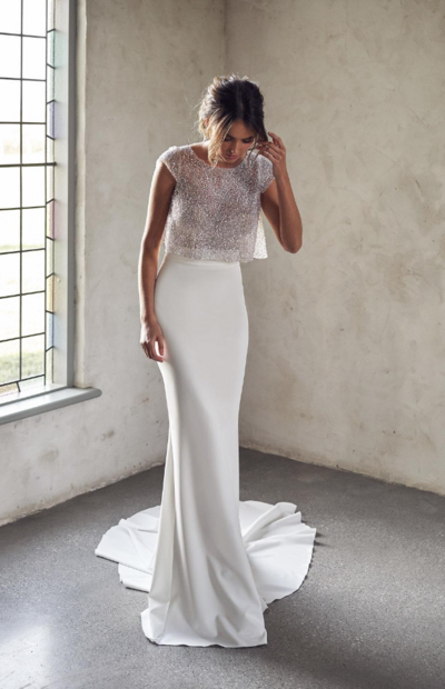 Mermaid Two Pieces Capped Sleeves Wedding Dresses With Sequins Top 