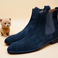 Crafted Leather Classic Handmade Black Suede Leather Chelsea Boot - Thumbnail 2