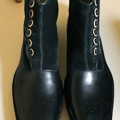 Crafted leather men classic black calf black suede leather ankle high button dress boot