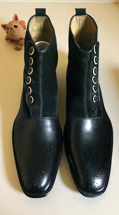 Crafted Leather Men Classic Black Calf Black Suede Leather Ankle High Button Dress Boot
