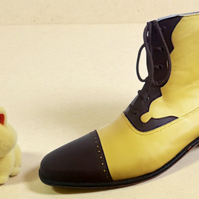 Crafted leather classic handmade yellow dark brown leather ankle high lace up dress boot