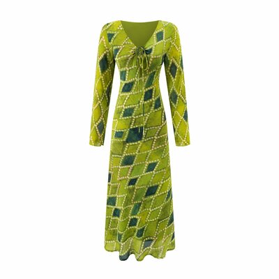Diamond checkered lace-up V-neck long-sleeved bias-cut waist slim dress