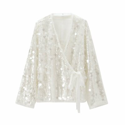 Fashionable and versatile sequined kimono-style sequined V-neck shirt top