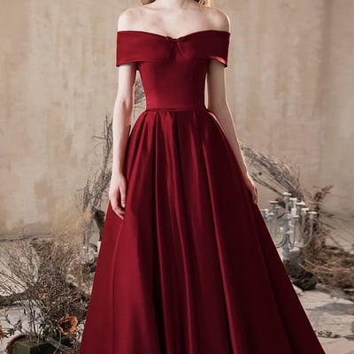 Burgundy satin long a-line prom party dress - Thumbnail 1