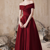 Burgundy Satin Long A-Line Prom Party Dress - Thumbnail 1