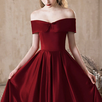 Burgundy Satin Long A-Line Prom Party Dress - Thumbnail 2