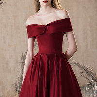 Burgundy Satin Long A-Line Prom Party Dress - Thumbnail 3