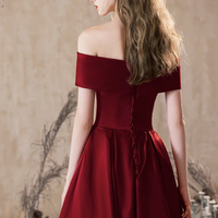 Burgundy Satin Long A-Line Prom Party Dress - Thumbnail 4