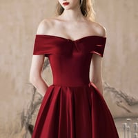 Burgundy Satin Long A-Line Prom Party Dress - Thumbnail 5