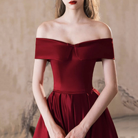 Burgundy Satin Long A-Line Prom Party Dress - Thumbnail 6