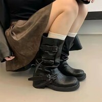 Retro thick-heeled mid-high boots western cowboy knight boots - Thumbnail 3