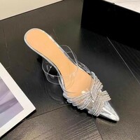 PVC transparent closure cross rhinestone high heels shallow wedding shoes 9CM slippers front strap - Thumbnail 1
