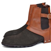 Crafted Leather Men Classic Black Suede Brown Leather Buckle Strap Cowboy Boot - Thumbnail 1