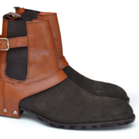 Crafted Leather Men Classic Black Suede Brown Leather Buckle Strap Cowboy Boot - Thumbnail 2