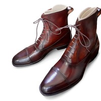 Crafted Leather Classic Handmade Brown Patina Leather Ankle High Lace up Dress Boot - Thumbnail 1