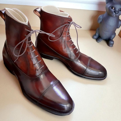 Crafted leather classic handmade brown patina leather ankle high lace up dress boot