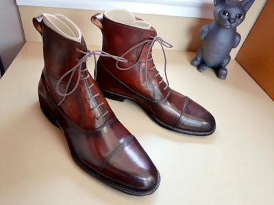 Crafted Leather Classic Handmade Brown Patina Leather Ankle High Lace up Dress Boot